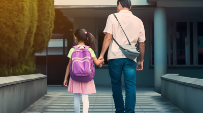 父亲和放学后的女儿牵手走路高清图