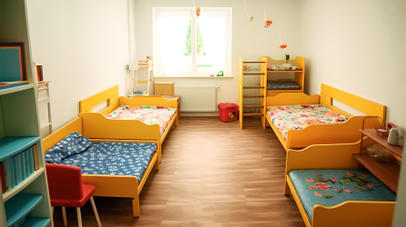 幼儿园明亮的寝室环境拍摄图