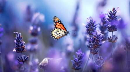 紫色薰衣草上的蝴蝶摄影图