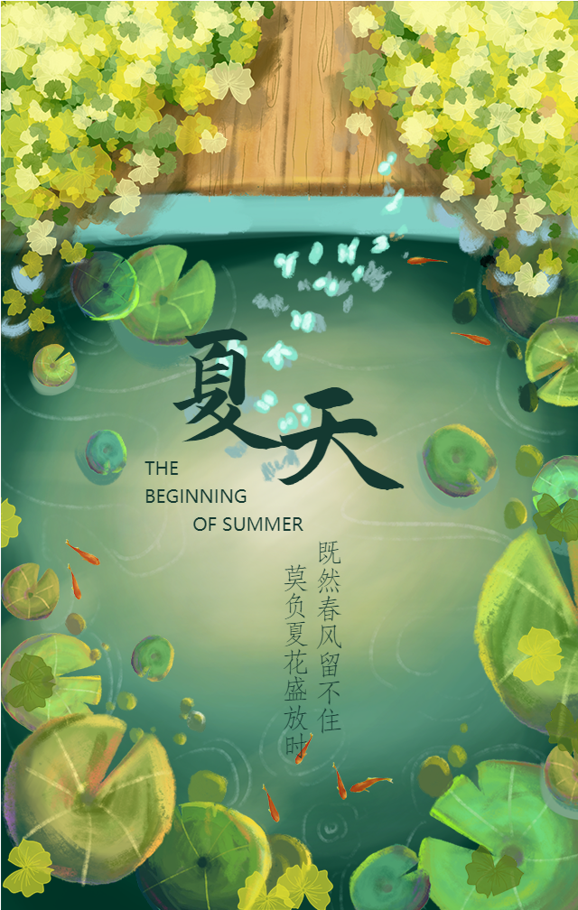 夏天手绘荷叶池塘手机海报