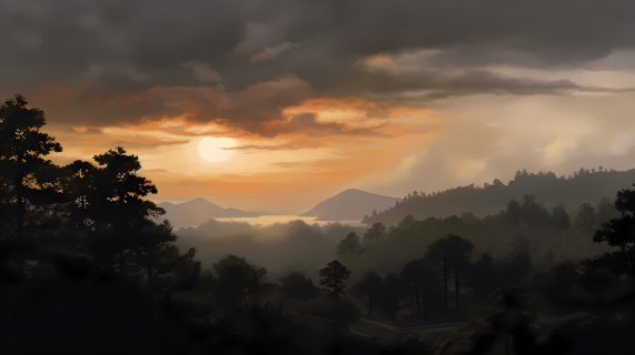 山丘与树林间的日出摄影图