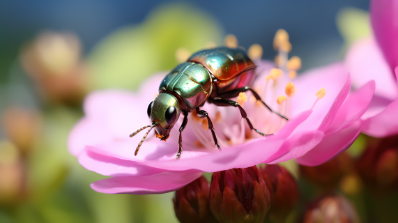 粉色花朵上的绿色甲虫摄影图片
