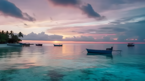 马尔代夫日出时分的水上小船摄影图片