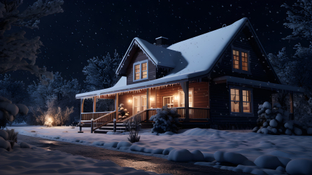 夜晚的黑暗小屋，飘雪中的宁静和平和氛围摄影图片