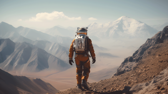 液态金属般的宇航员在山脉中行走的摄影图片