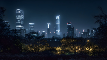 夜幕下的上海高楼与绿意摄影图