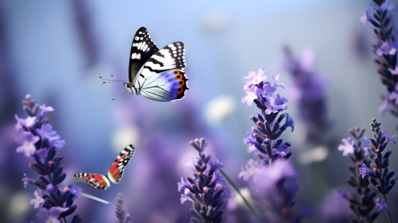 迷人的薰衣草吸引多彩蝴蝶摄影图片