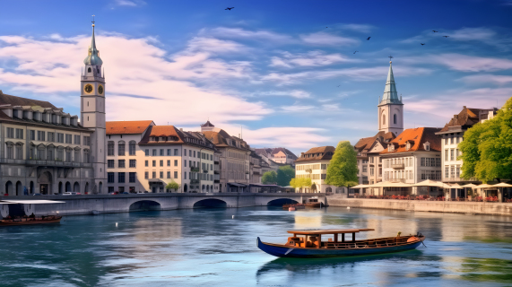 瑞士苏黎世河景欧洲风景摄影图片