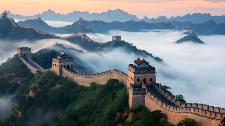 晨雾下的中国长城,超现实风格摄影图版权图片下载