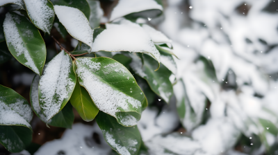 冬日绿叶上的积雪摄影图片