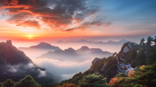 湖畔日落山景摄影图片