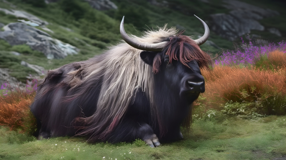 中国山上的草原上的牦牛摄影图片