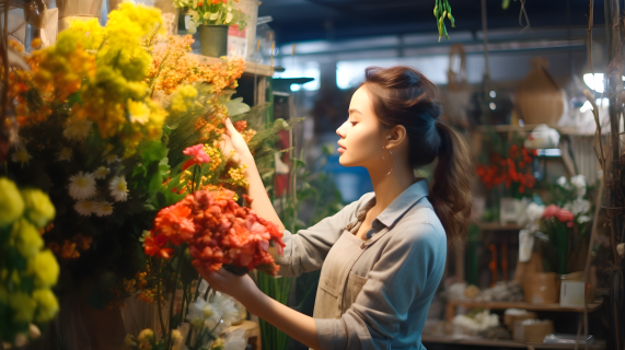中国花店中的美丽女子，挑选鲜花摄影图片