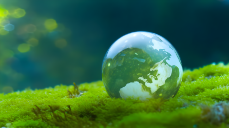 逼真风格的绿苔上的半透明地球摄影图片
