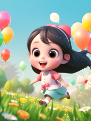 快乐女孩奔跑在绿草地上，明亮大眼睛美丽灿烂的微笑摄影图
