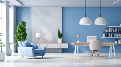 蓝色白色家具的办公室概念摄影图片