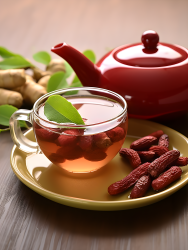 红色茶壶和红枣茶摄影图