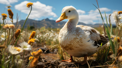 白黄色小花丛中的鸭子摄影图