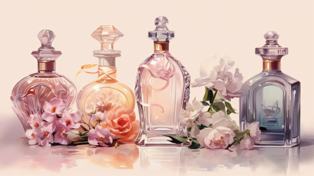复古造型的香水瓶和鲜花摄影图片