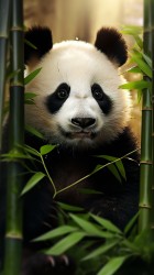 竹子旁的熊猫近景摄影图片