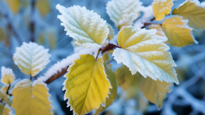 冰霜树叶在蓝色背景下的摄影图