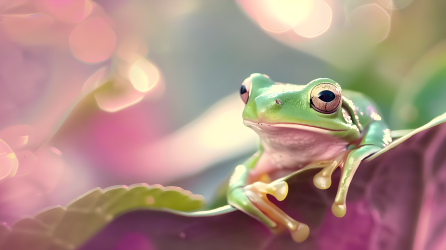 绿色青蛙粉色树叶图片