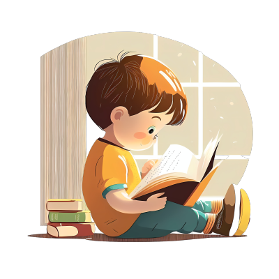 可爱插画：小男孩读书