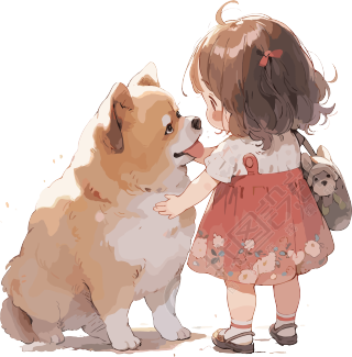 小女孩背影和可爱狗狗插画