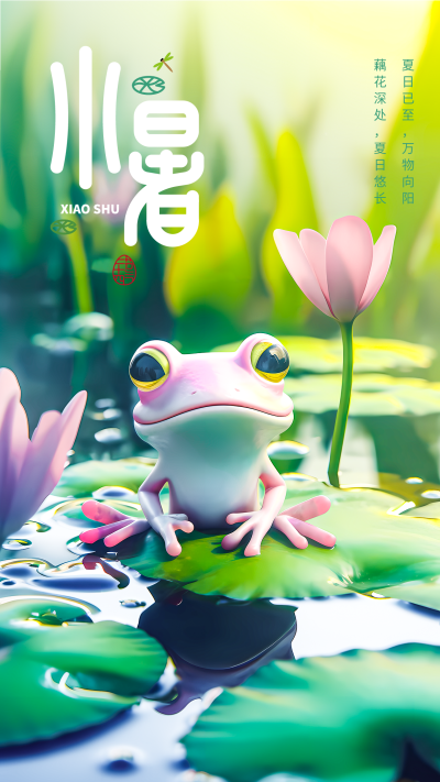 创意小青蛙二十四节气小暑手机海报
