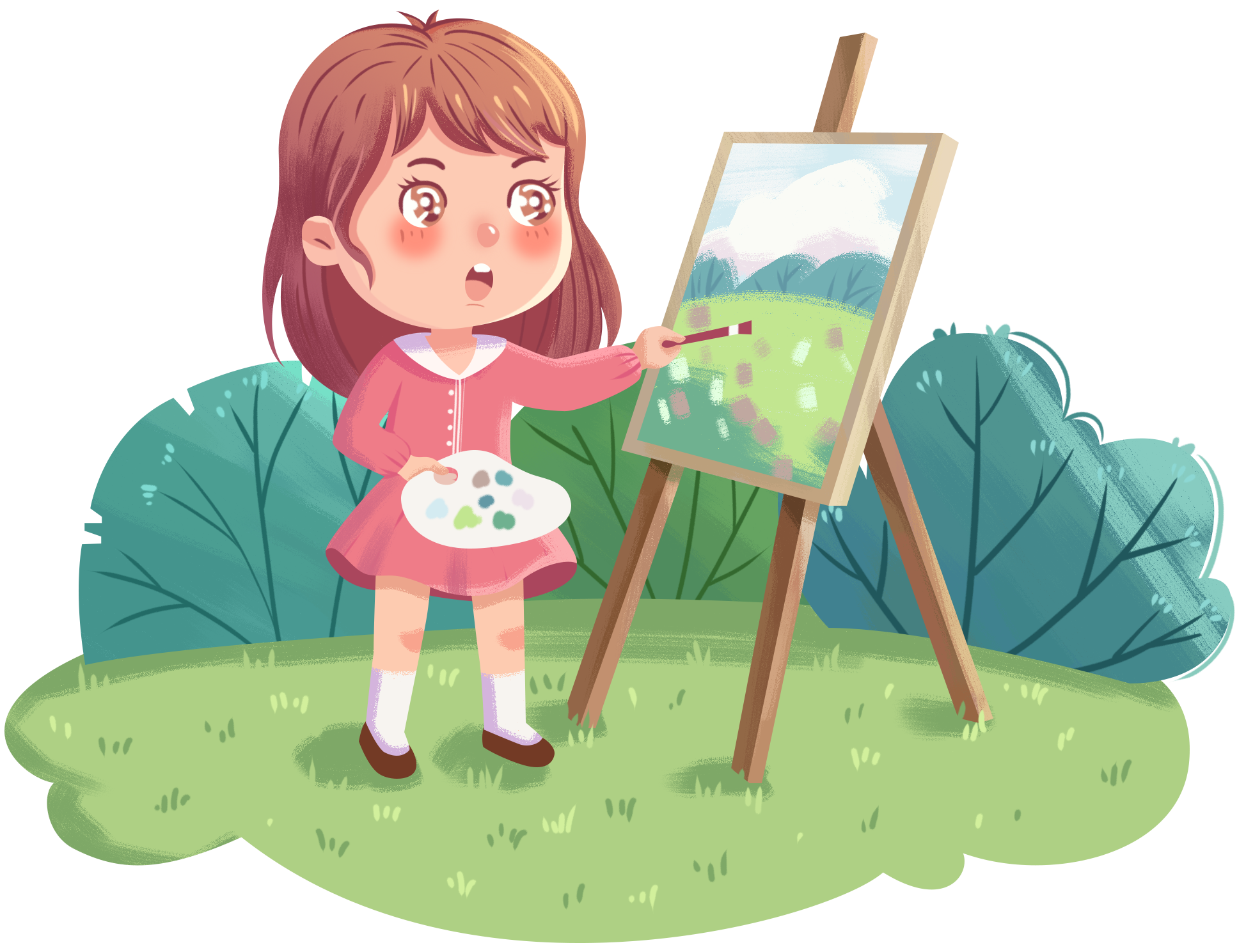 在草地画画的女孩插画图片制作方法!