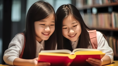 图书馆两女孩微笑读书