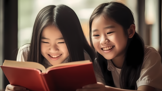 图书馆里的两个女孩微笑着一起阅读