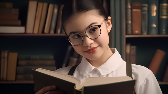 眼镜女孩手持书籍明亮氛围高清摄影图片