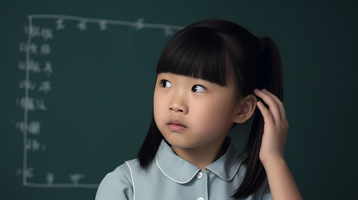 亚洲小女孩思考中的黑板背景图版权图片下载