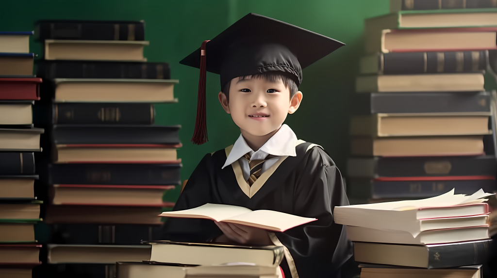 校服毕业帽男孩坐书堆版权图片下载