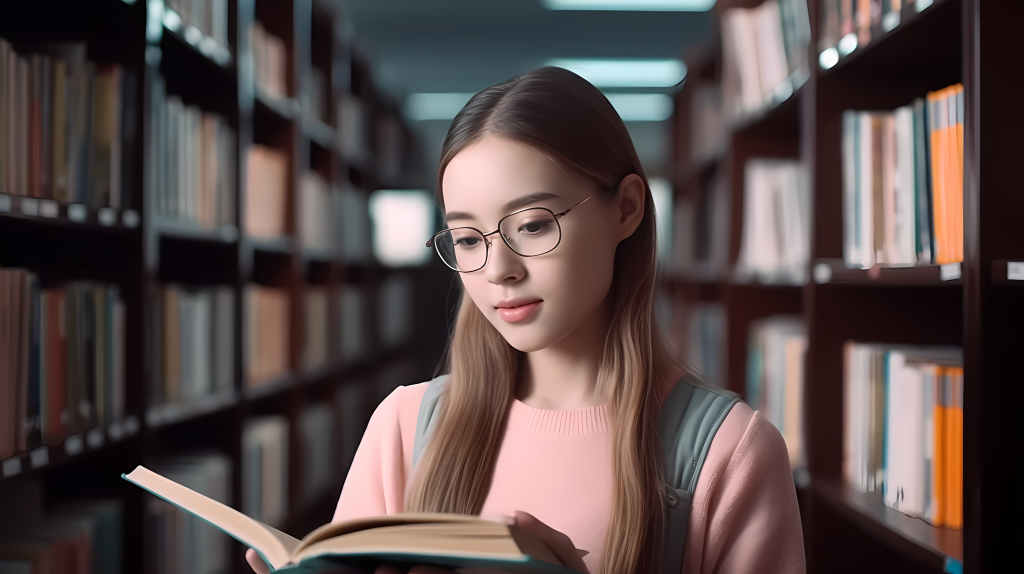 图书馆里认真阅读的女学生图片