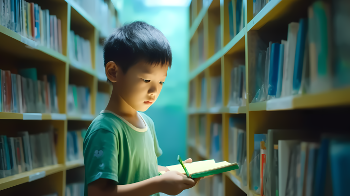 图书馆里的小男孩阅读版权图片下载