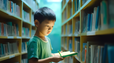 图书馆里的小男孩阅读图片