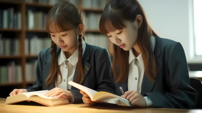 图书馆学习的两个女孩人物图