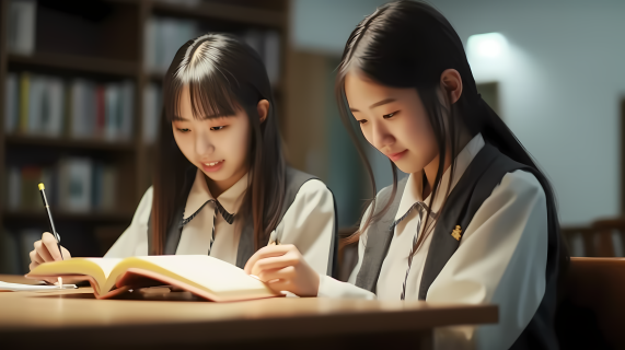 图书馆结伴学习的两个女孩