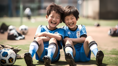 足球少年坐姿微笑合照图片