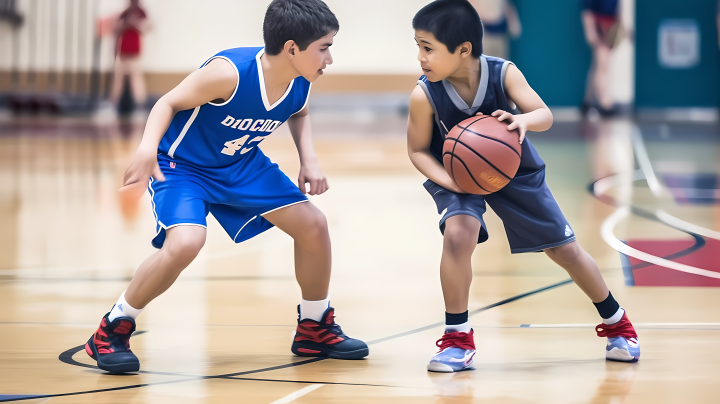 篮球馆内两名男孩打篮球版权图片下载