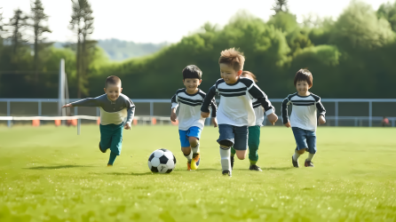 儿童足球比赛运动场上奔跑图片