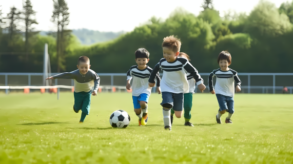 儿童足球比赛运动场上奔跑图片