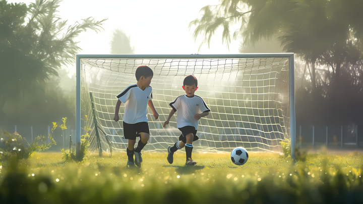 足球场上的两个孩子踢球版权图片下载