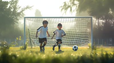 足球场上的两个孩子踢球图片