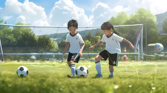 足球场上的两个小孩玩足球图片