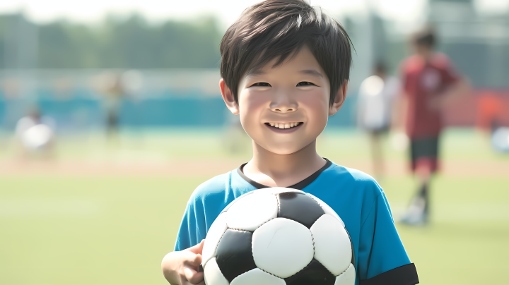 亚洲男孩手持足球摆姿势版权图片下载