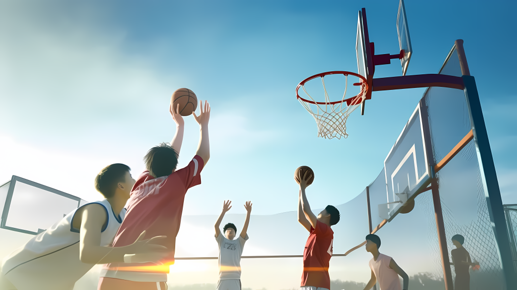 蓝天下篮球队训练场景摄影图