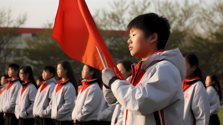 拿红旗的男同学实拍图版权图片下载